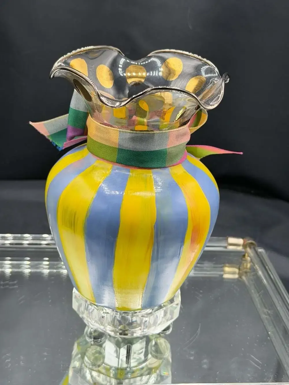 Mackenzie -Childs Heirloom Circus Hand-Painted Fluted Glass Vase with Striped P